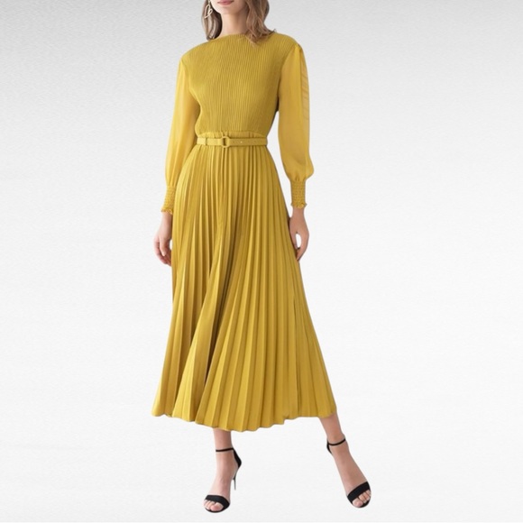 Chicwish | Mustard Yellow Elegant Yellow Pleated Sheer Long Sleeve Midi Dress - Picture 1 of 5